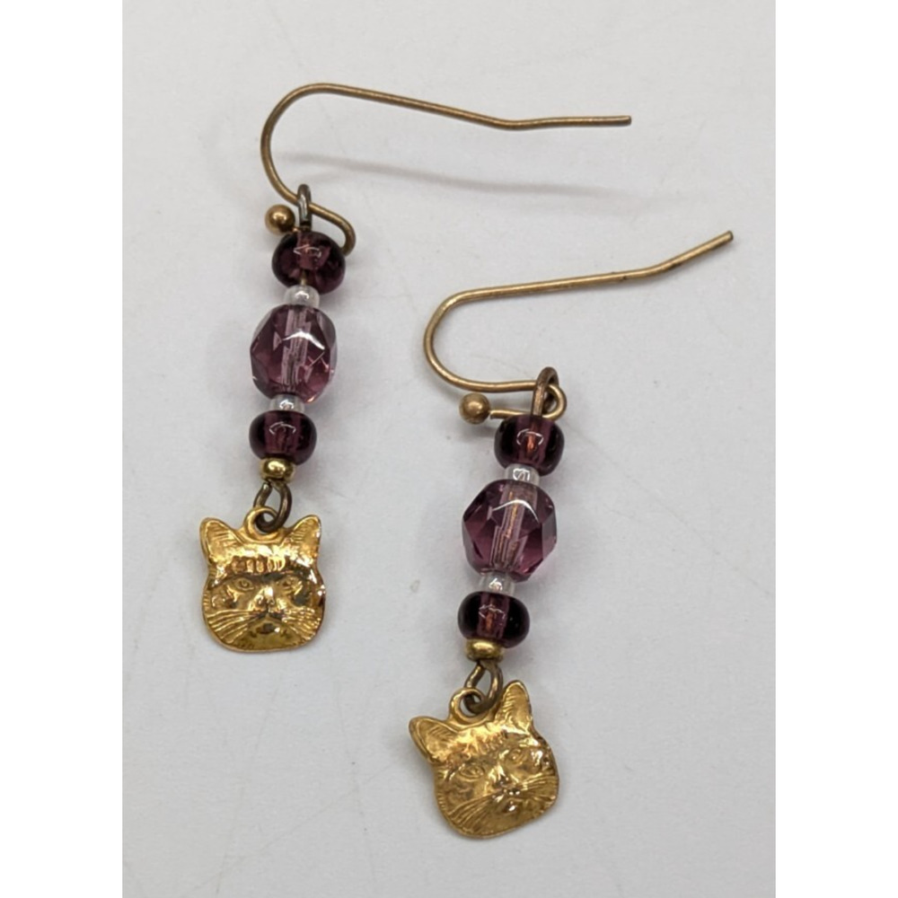 Vintage Purple Glass Bead Drop Gold Tone Cat Head 1.75" Pierced Earrings